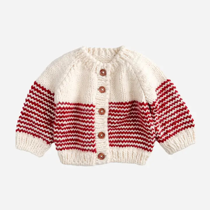 The Blueberry Hill - Rib Knit Stripe Cardigan in Cream/Red