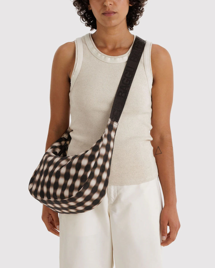 BAGGU - Medium Nylon Crescent Bag in Blurred Gingham Brown