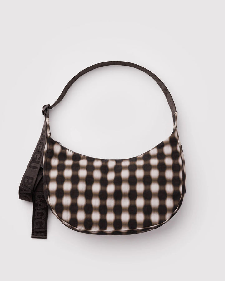 BAGGU - Medium Nylon Crescent Bag in Blurred Gingham Brown