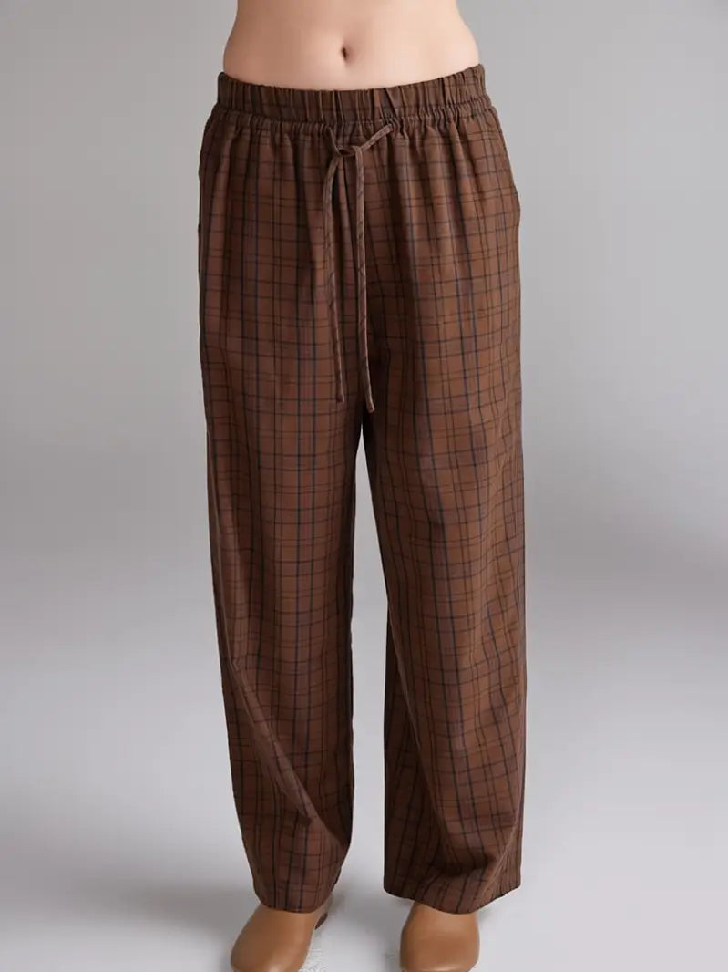 Amente – Brushed Plaid Tie Waist Pants in Brown & Black