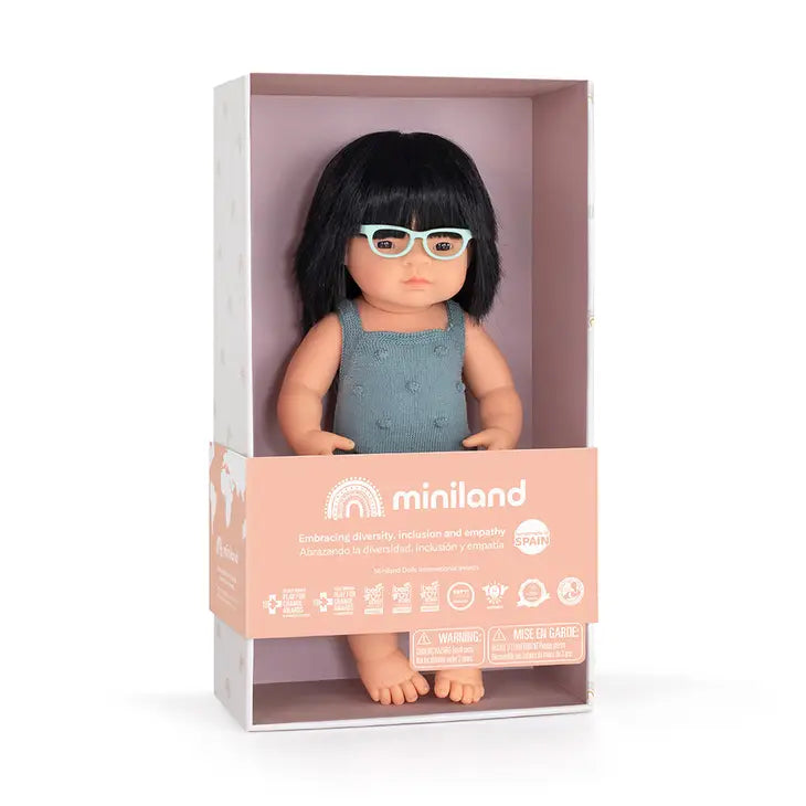 Miniland – Colorful Doll Asian Girl with Glasses 15"