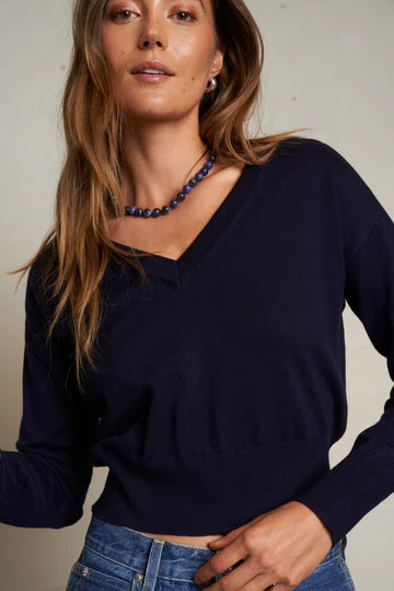 Perfect White Tee - Cotton Cashmere V Neck Sweater in Navy