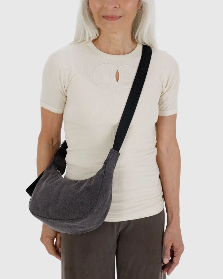 BAGGU - Small Denim Crescent Bag in Washed Black Denim