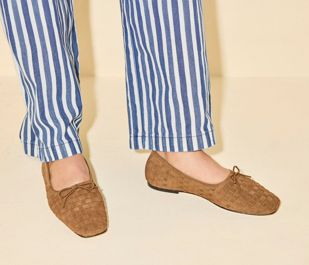 Freda Salvador – Jada Square-Toe Woven Suede Flat in Toffee