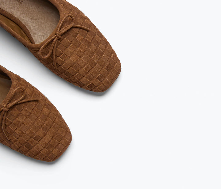 Freda Salvador – Jada Square-Toe Woven Suede Flat in Toffee