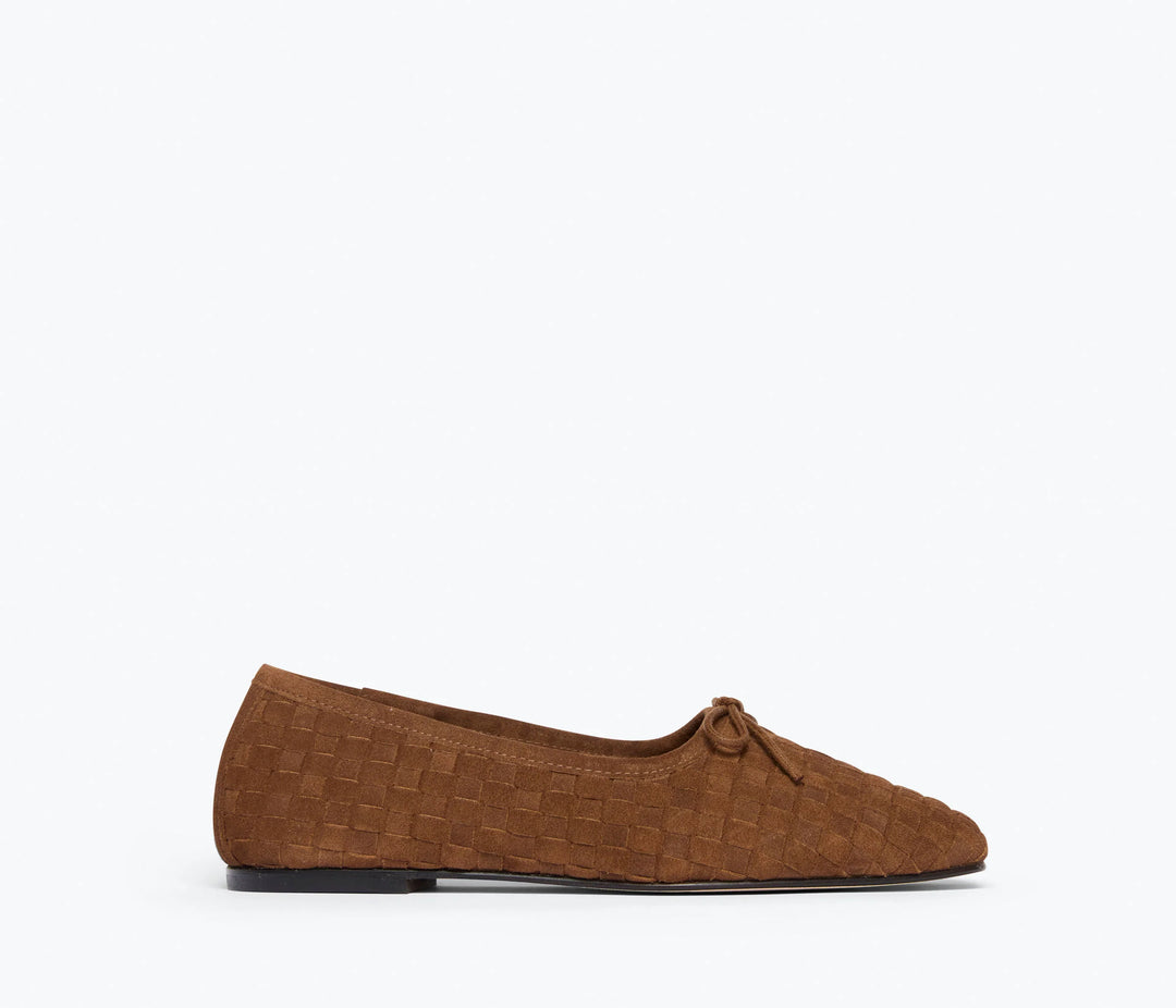 Freda Salvador – Jada Square-Toe Woven Suede Flat in Toffee