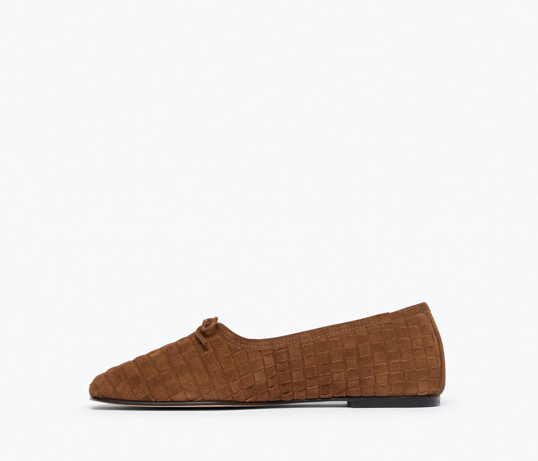 Freda Salvador – Jada Square-Toe Woven Suede Flat in Toffee