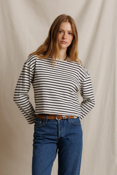 Perfect White Tee – Jenna Long Sleeve Boatneck Tee in Black & White Stripe