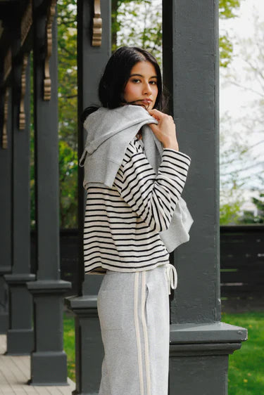 Perfect White Tee – Jenna Long Sleeve Boatneck Tee in Black & White Stripe