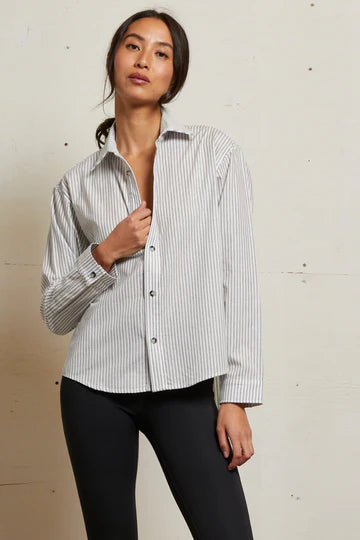 Perfect White Tee – James Cotton Poplin Button Down in Ivory/Black Stripes