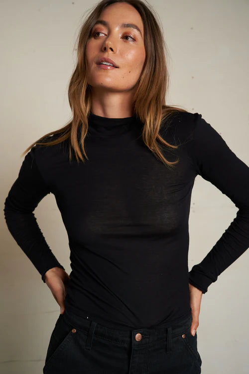 Perfect White Tee – Kim Light French Jersey Mock Neck in True Black