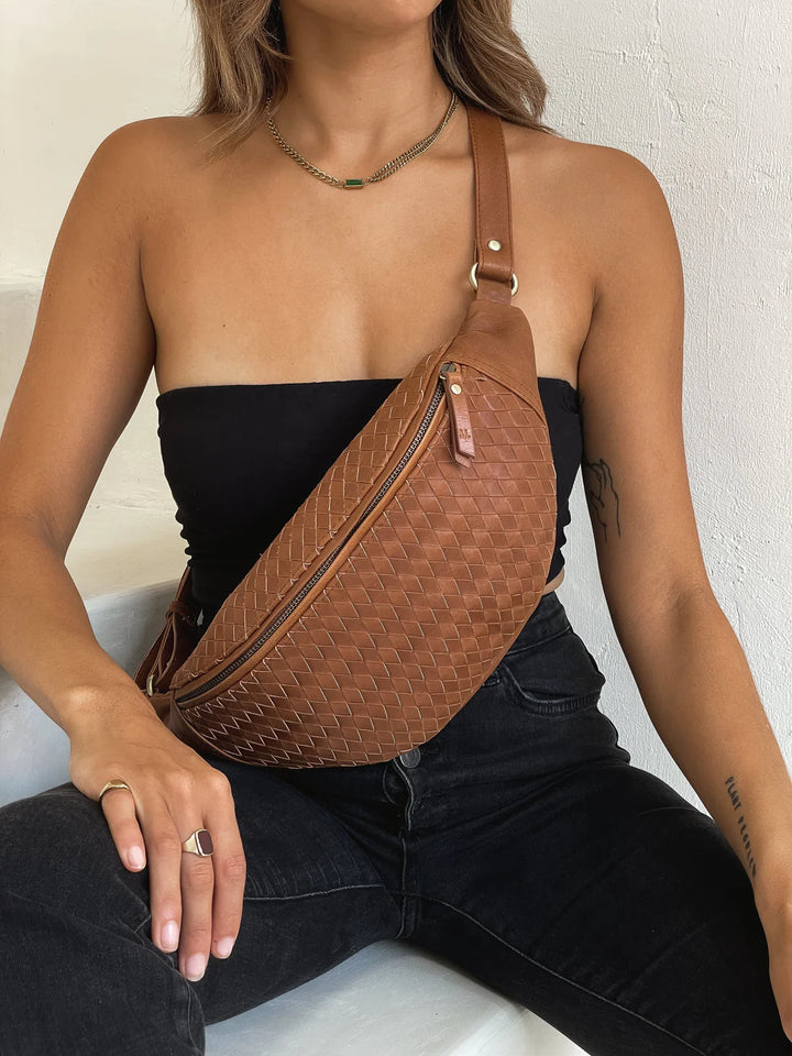 MANDRN - Woven Atlas Fanny Pack in Tan