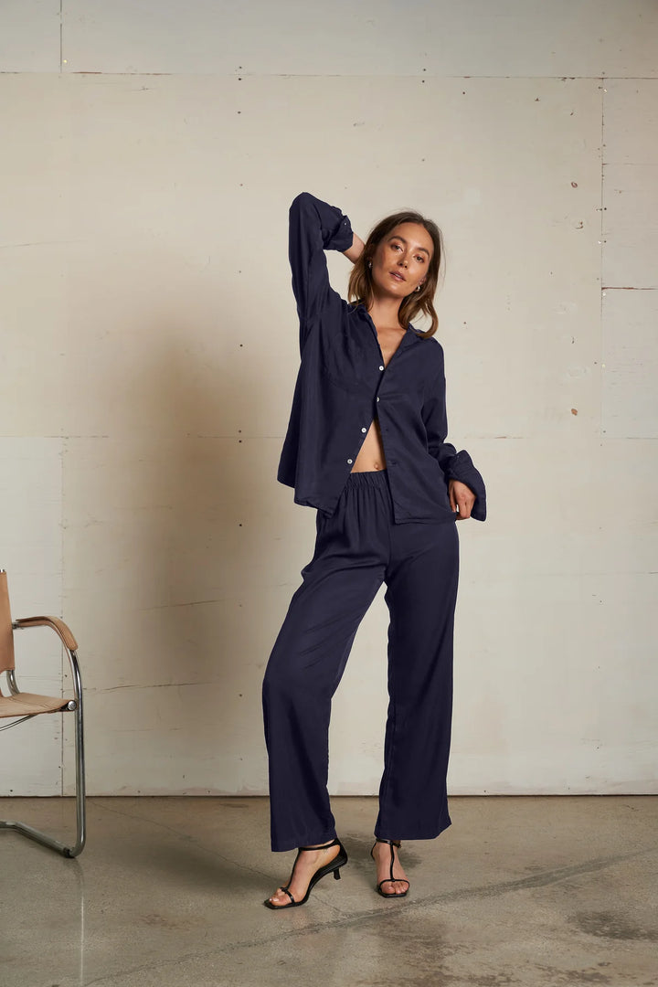 Perfect White Tee – Melody Tencel Button Top in Navy