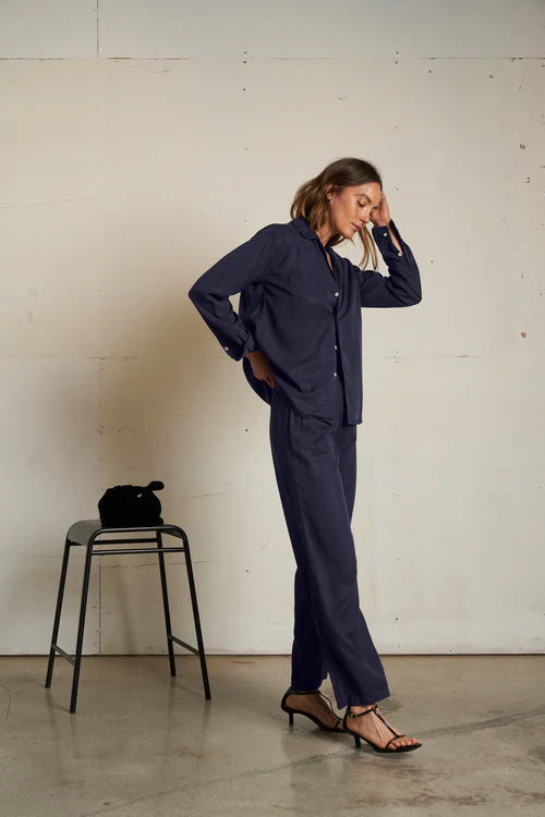 Perfect White Tee – Melody Tencel Button Top in Navy