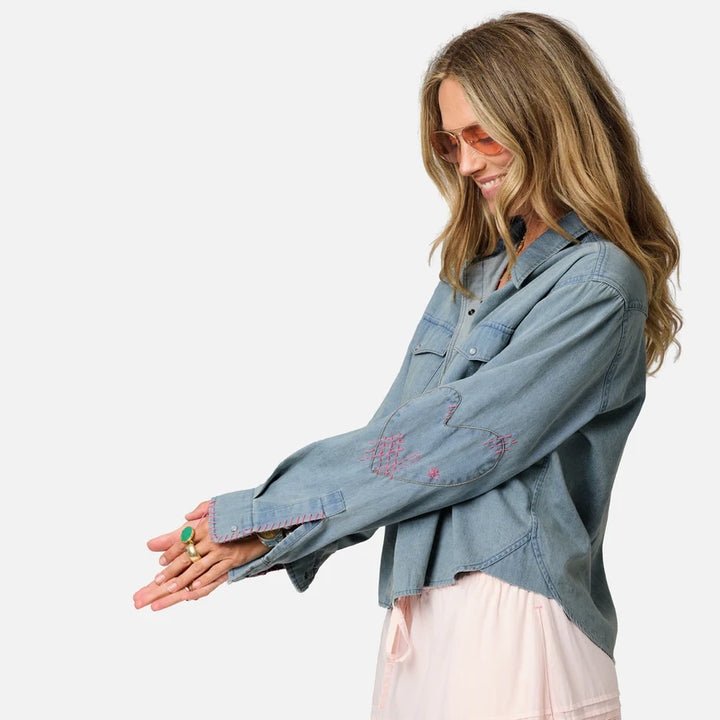 Kerri Rosenthal – Pia Western Button Down Shirt in True Denim with Pink