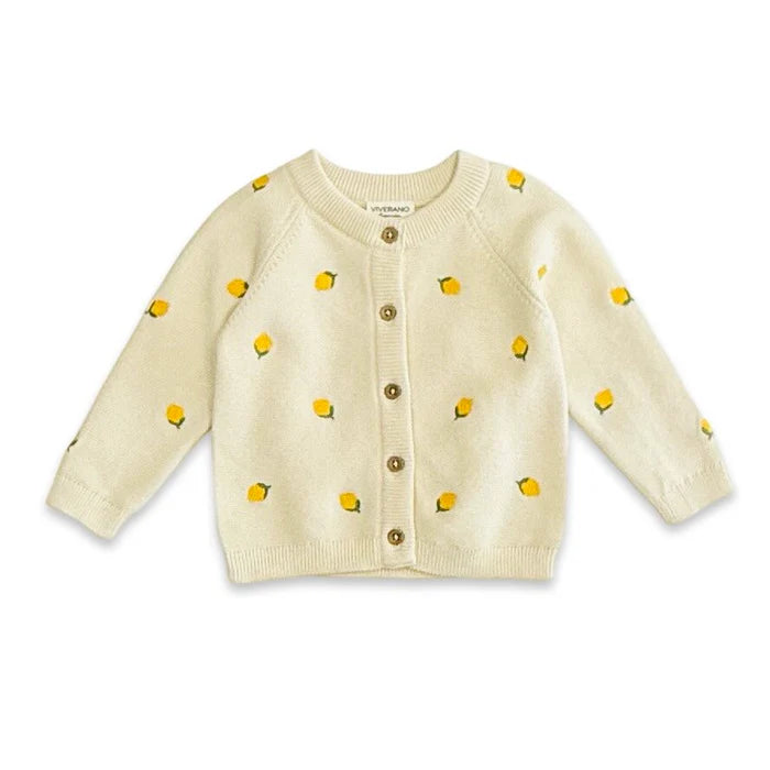 Organic Cotton Lemon Embroidered Knit Baby Cardigan in Sweet Cream