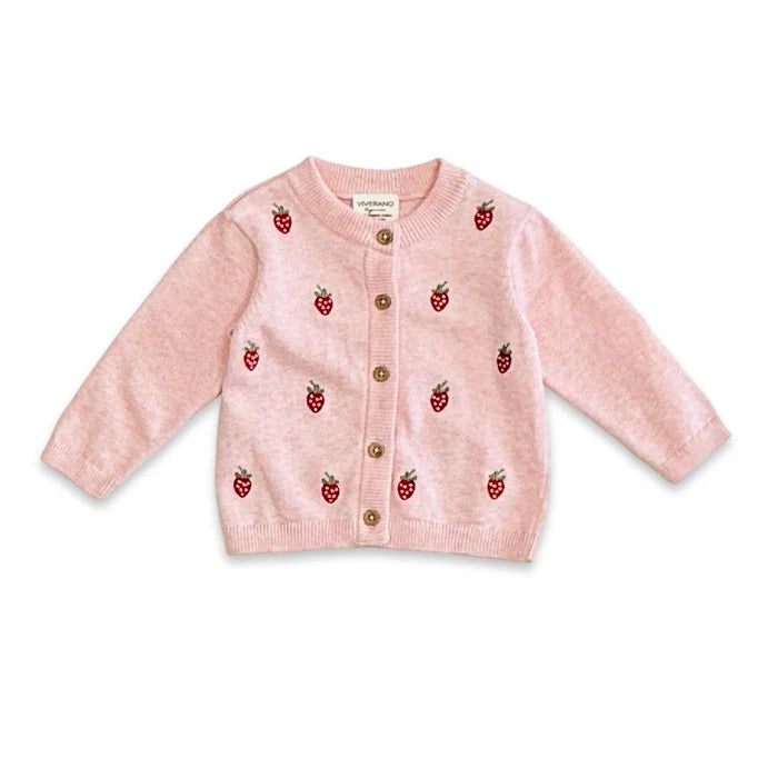 Organic Cotton Strawberry Embroidered Knit Baby Cardigan in Pink Heather