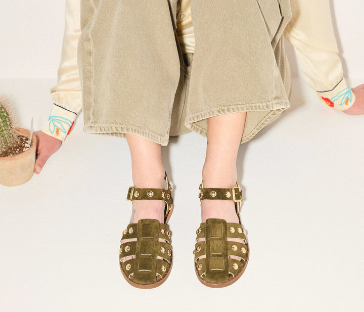 Freda Salvador – Sera in Olive Suede with Gold Studs