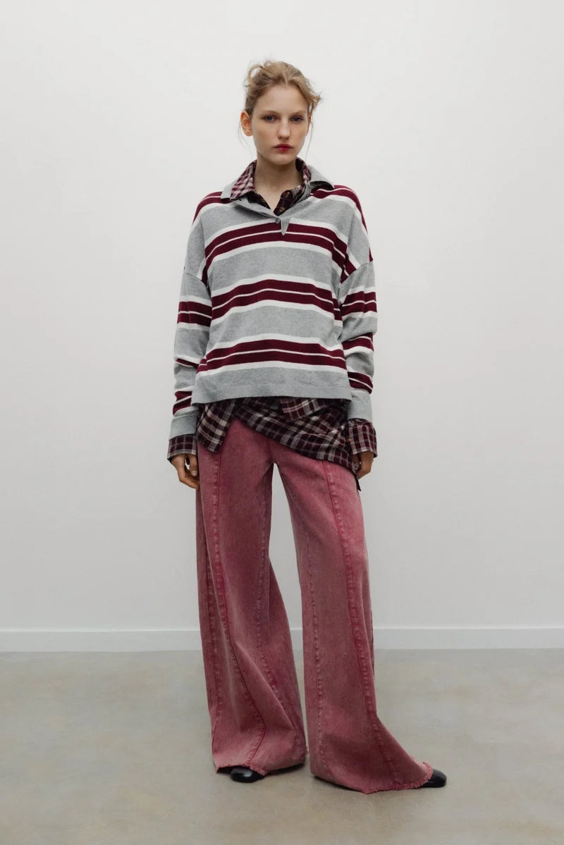 The New Society – Spin Polo Sweater in Grey and Burgundy Stripe