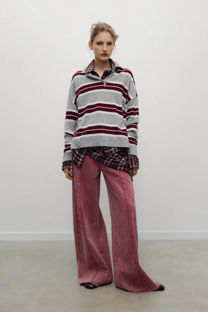 The New Society – Spin Polo Sweater in Grey and Burgundy Stripe