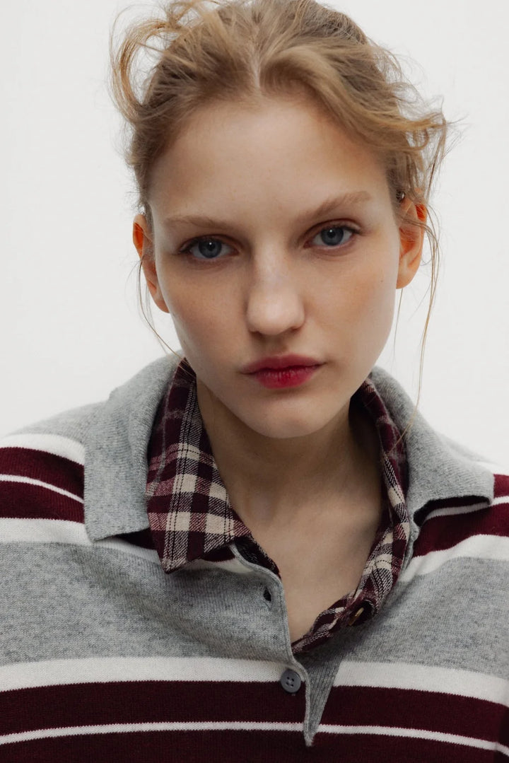 The New Society – Spin Polo Sweater in Grey and Burgundy Stripe