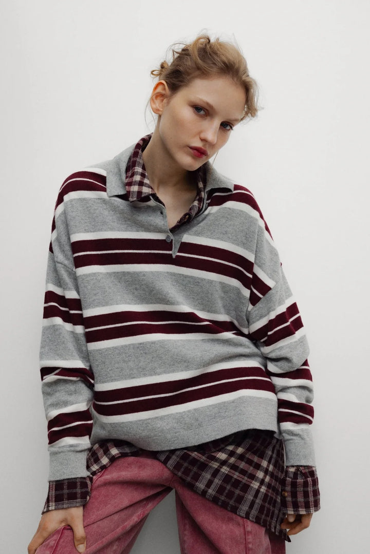 The New Society – Spin Polo Sweater in Grey and Burgundy Stripe