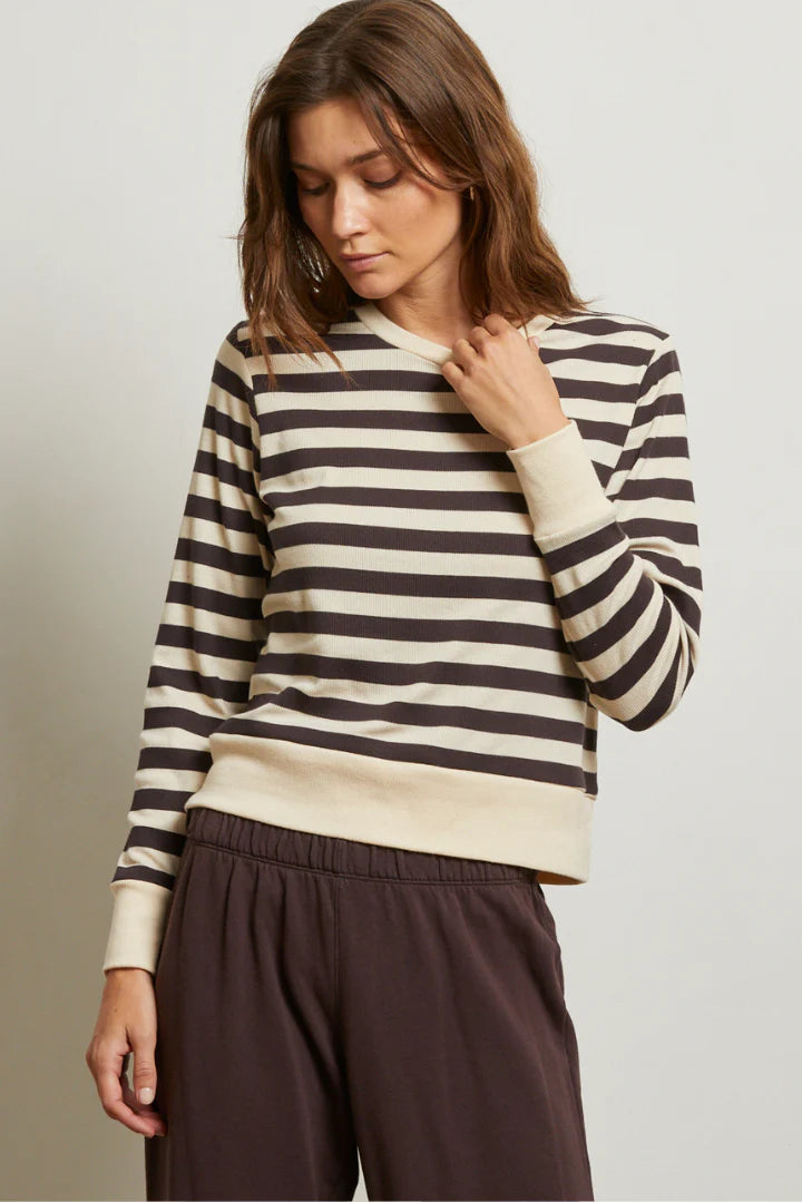 Perfect White Tee - Stef Long Sleeve Boxy Tee in Sugar with Mocha Stripe