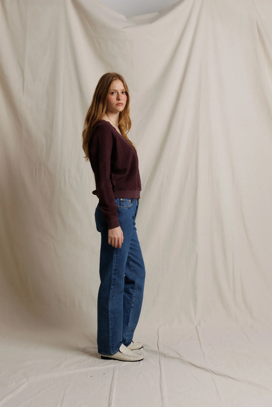 Perfect White Tee - Ziggy Reverse Fleece V-Neck in Cherry Lacquer