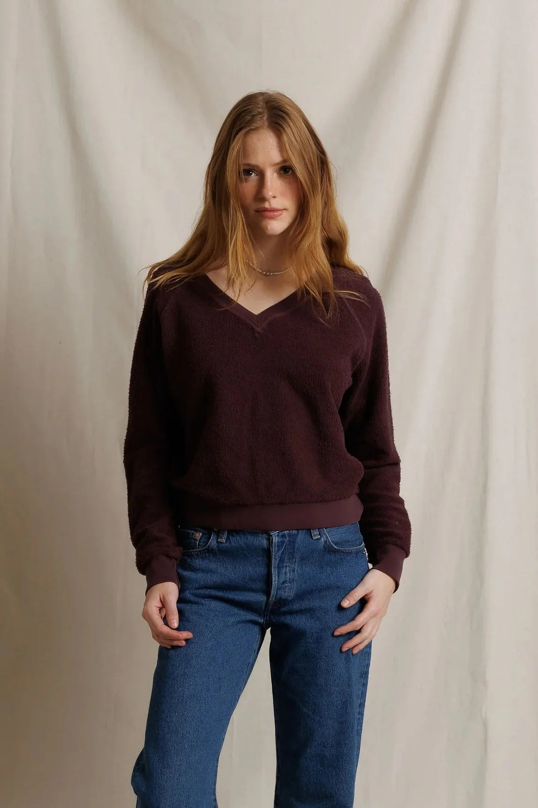 Perfect White Tee - Ziggy Reverse Fleece V-Neck in Cherry Lacquer