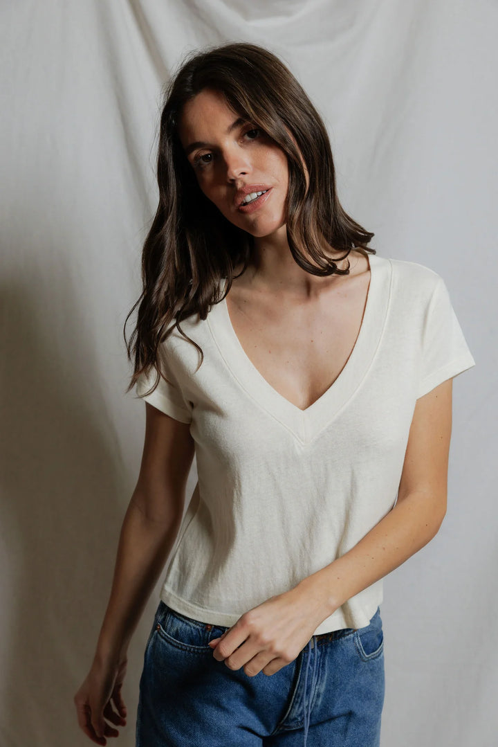 Perfect White Tee – Val Hemp Milk Cotton V-Neck Tee in Natural