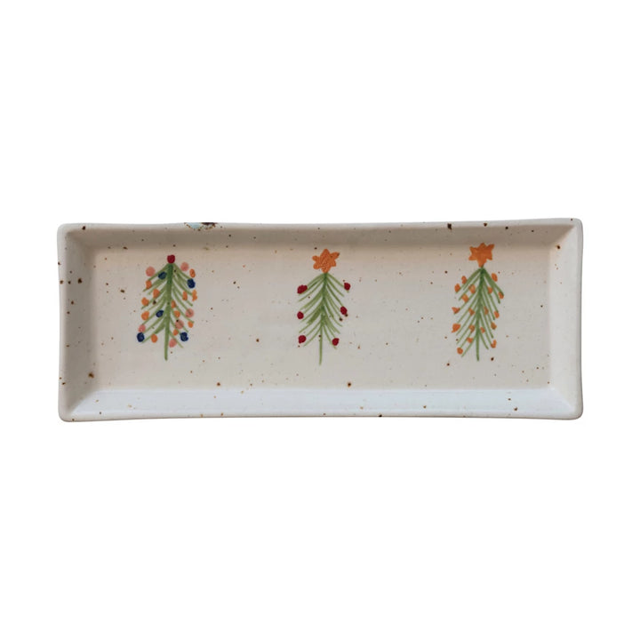 Hand-Painted Stoneware Platter with Multicolor Christmas Trees