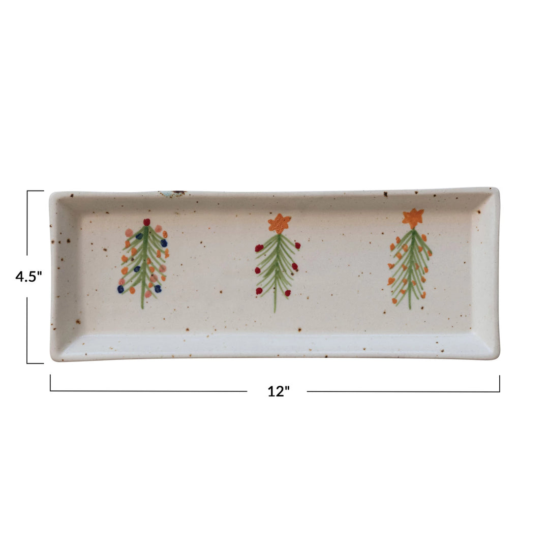 Hand-Painted Stoneware Platter with Multicolor Christmas Trees