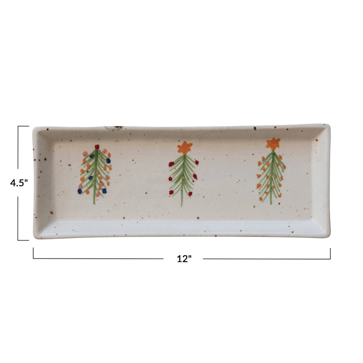 Hand-Painted Stoneware Platter with Multicolor Christmas Trees