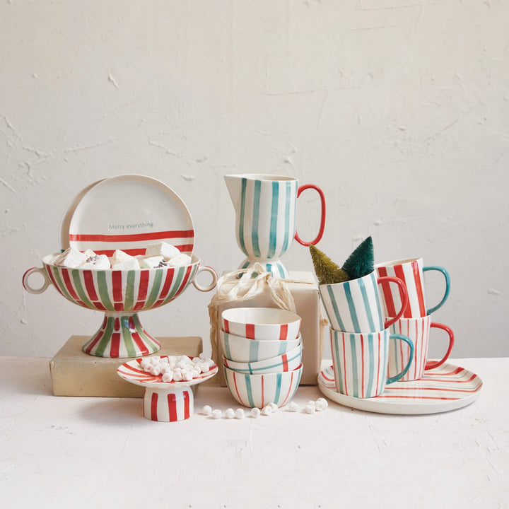 Hand-Painted Stoneware Bowl in Holiday Stripes