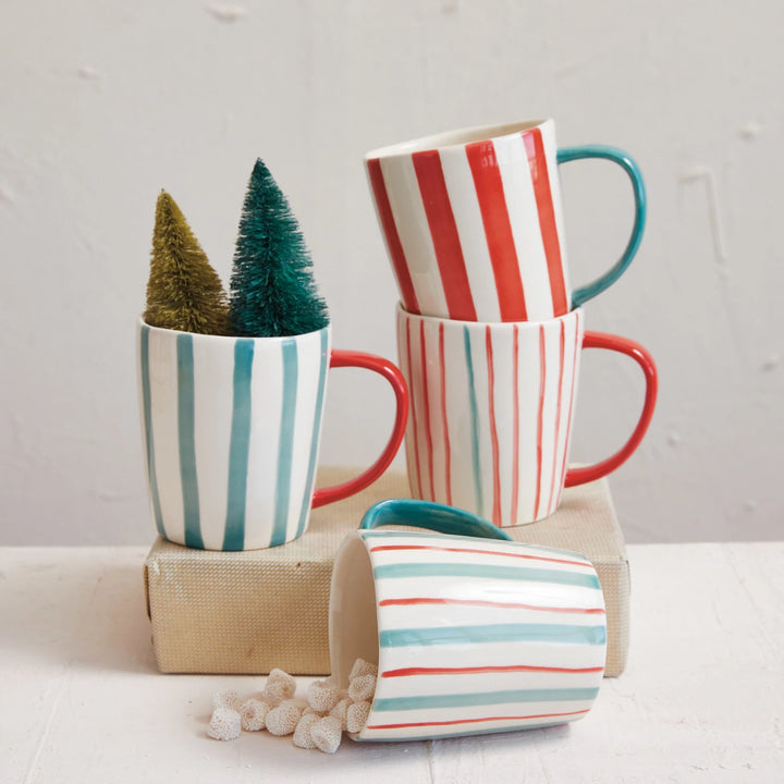 Hand-Painted Stoneware Mug in Holiday Stripes