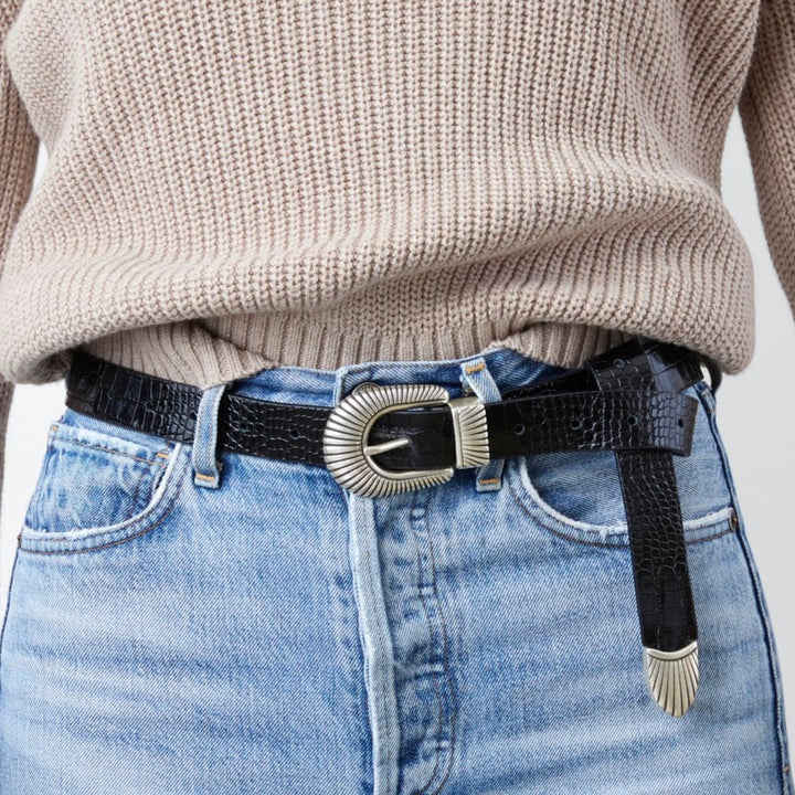 Freda Salvador – Nico Western Belt in Black Embossed Croc