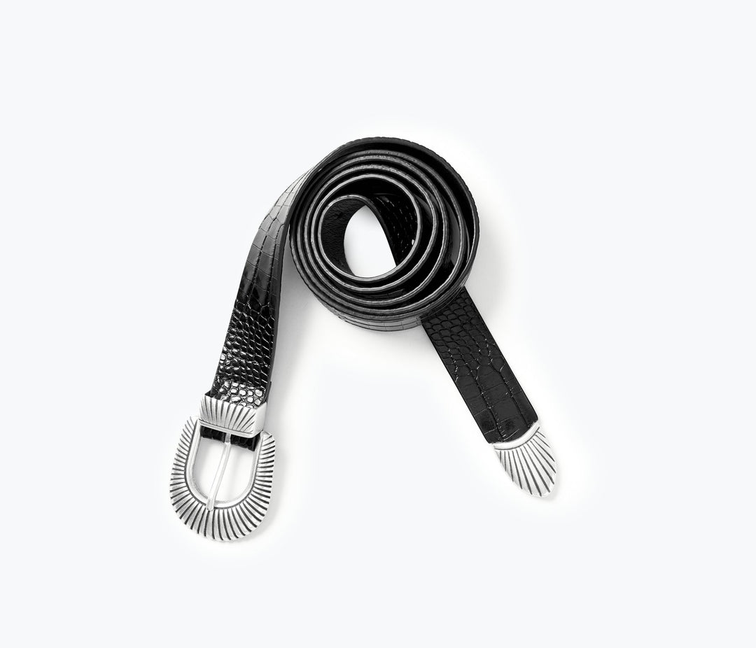 Freda Salvador – Nico Western Belt in Black Embossed Croc
