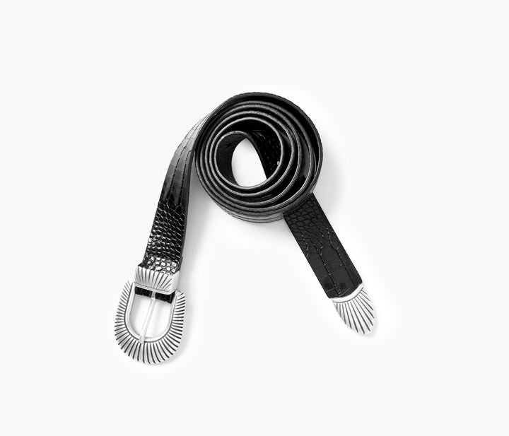Freda Salvador – Nico Western Belt in Black Embossed Croc